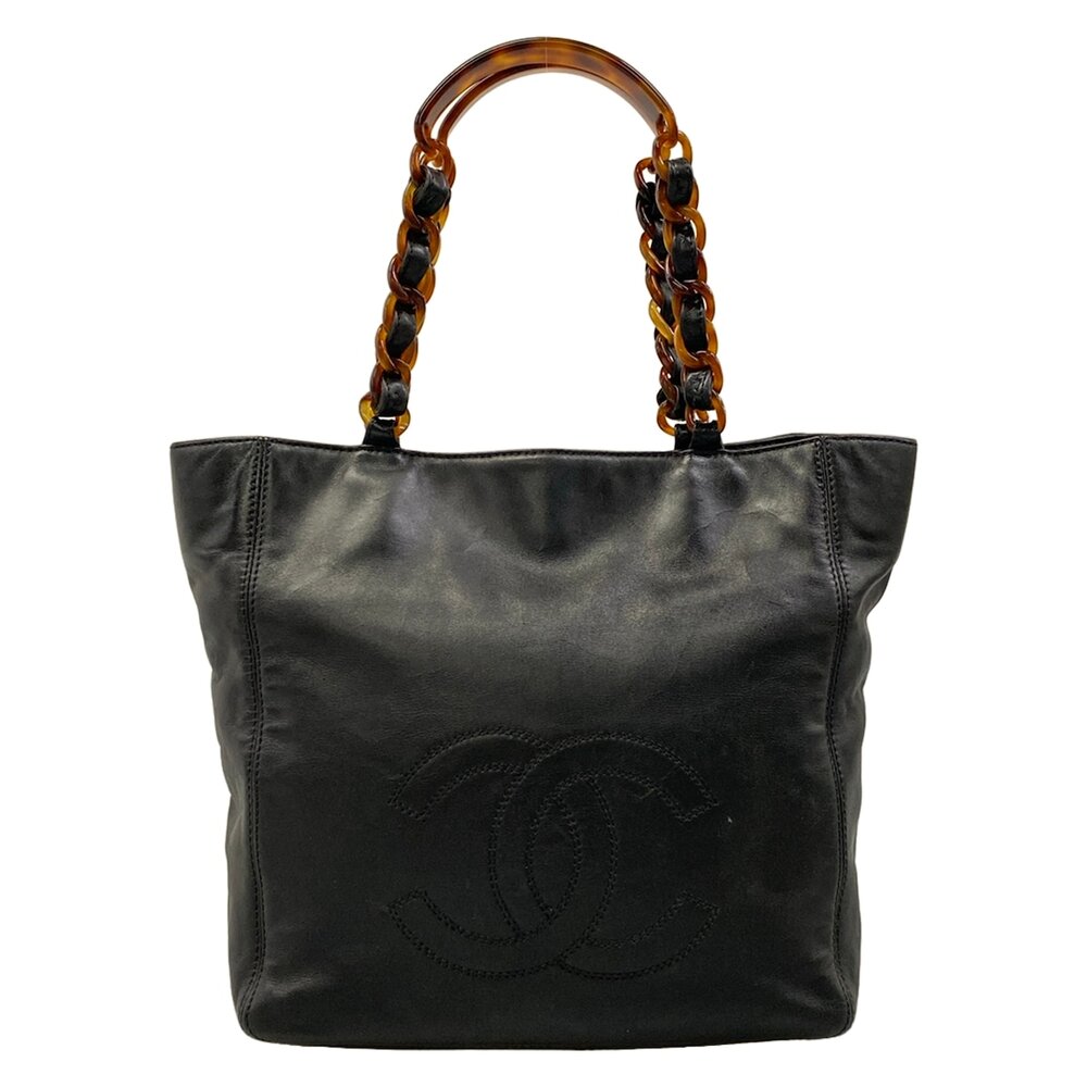 Chanel Tote Bag Black Brown Leather Plastic